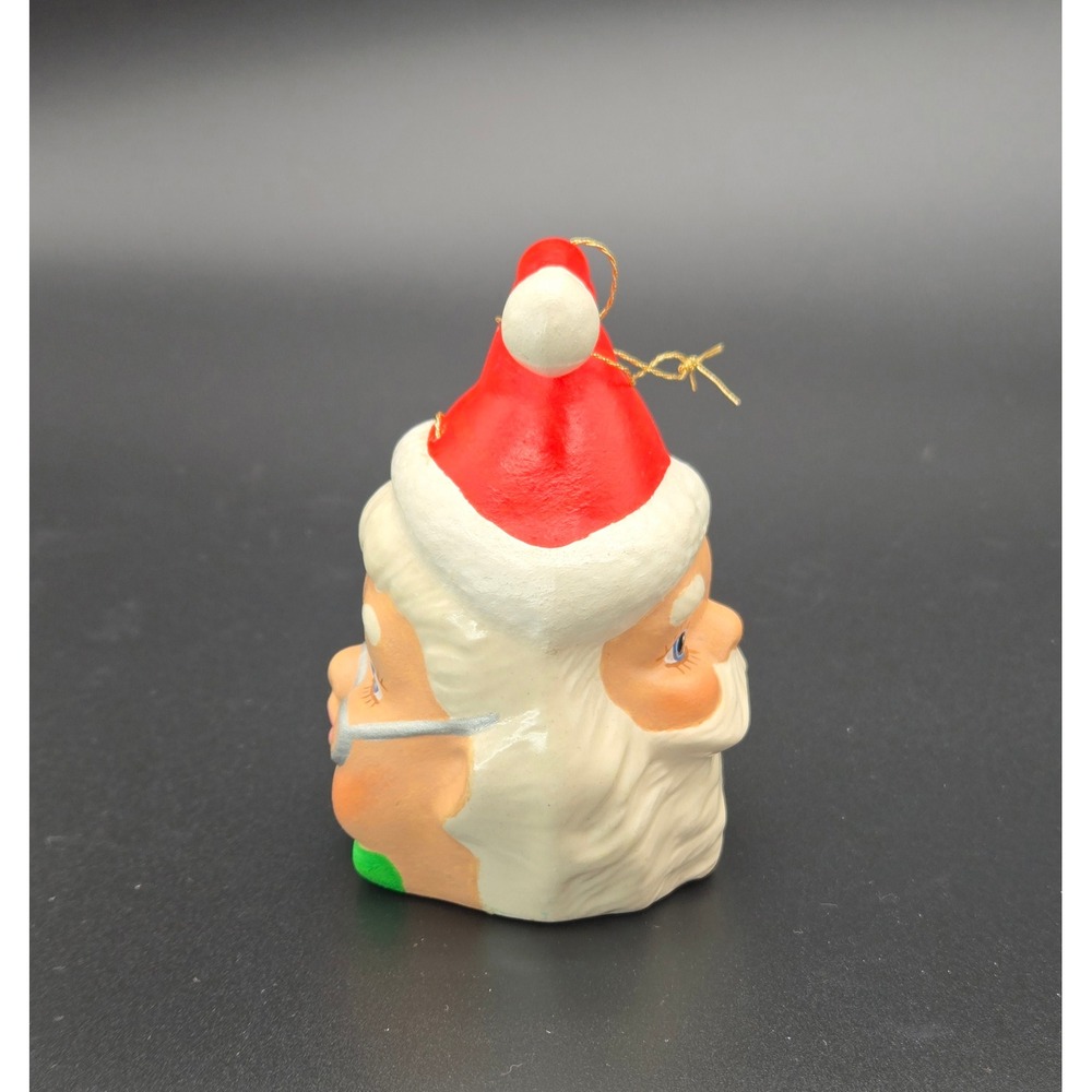Vintage Double Sided Two Faced Santa and Mrs Claus Ceramic Bell Ornament 3 Inch
